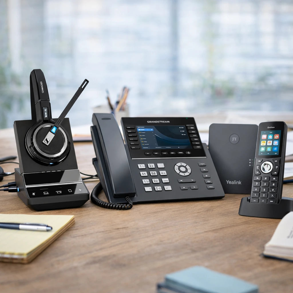 Équipements télécoms professionnels incluant téléphone IP, casque et téléphone DECT pour entreprise