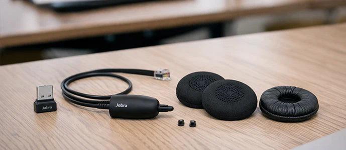 Accessoires pour casques professionnels incluant câble, coussinets et adaptateur USB