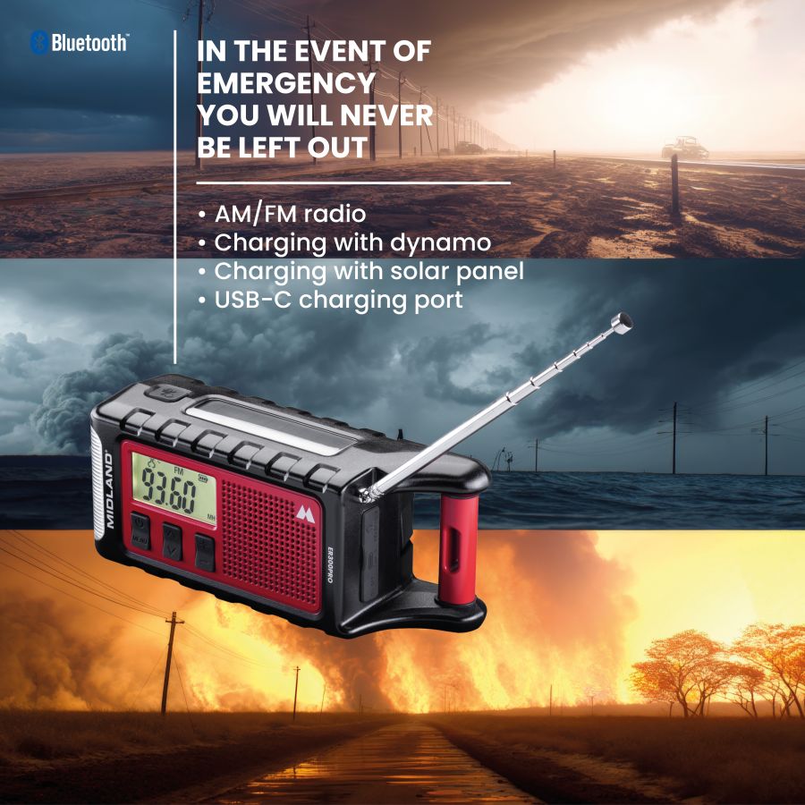 Midland ER300 PRO – Radio d'urgence Bluetooth 10 000 mAh solaire et dynamo – C1663