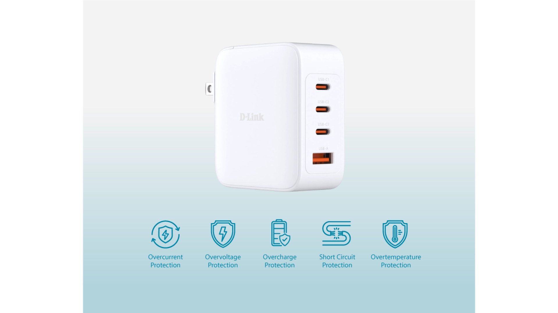 D-Link DCF-141/E - Chargeur GaN 140W, 3 ports USB-C et 1 port USB-A