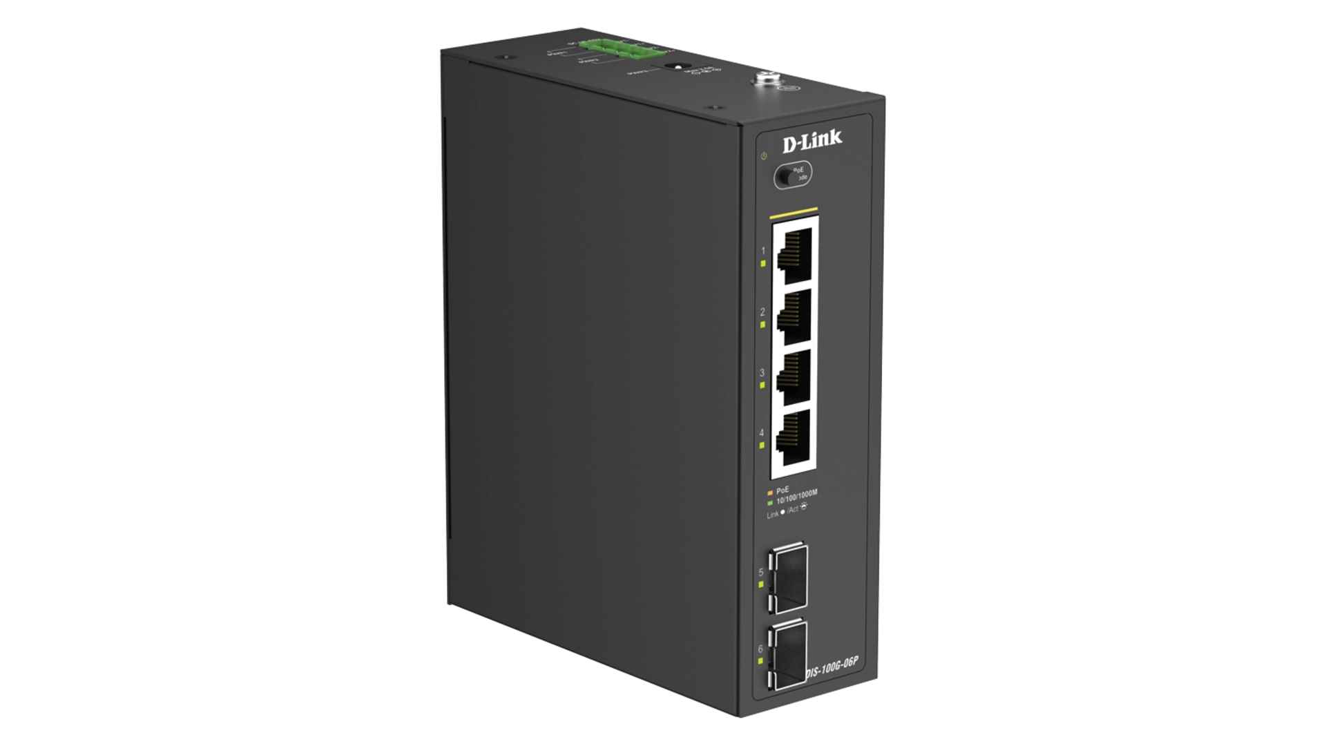 D-Link DIS-100G-06P - Switch industriel 4 ports Gigabit PoE+ 120W, 2 ports SFP, rail DIN