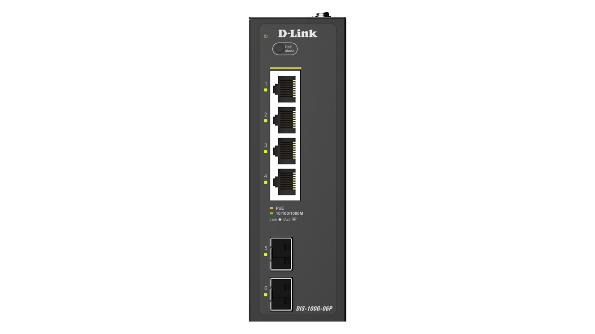 D-Link DIS-100G-06P - Switch industriel 4 ports Gigabit PoE+ 120W, 2 ports SFP, rail DIN