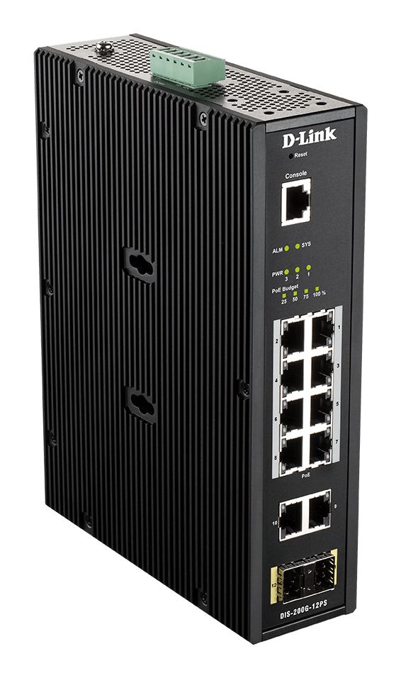 D-Link DIS-200G-12PS - Switch industriel 10 ports Gigabit + 2 SFP, 8 ports PoE 240W