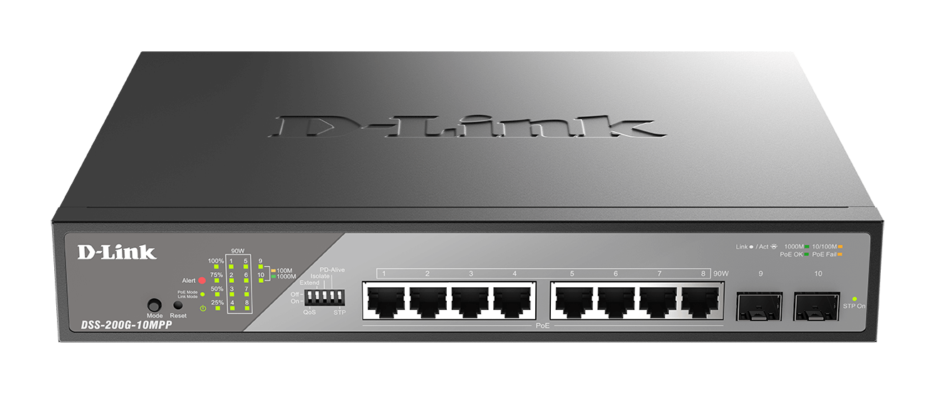 D-Link DSS-200G-10MPP/E - Switch manageable 8 ports PoE+ Gigabit, 2 SFP, 802.3bt 242W