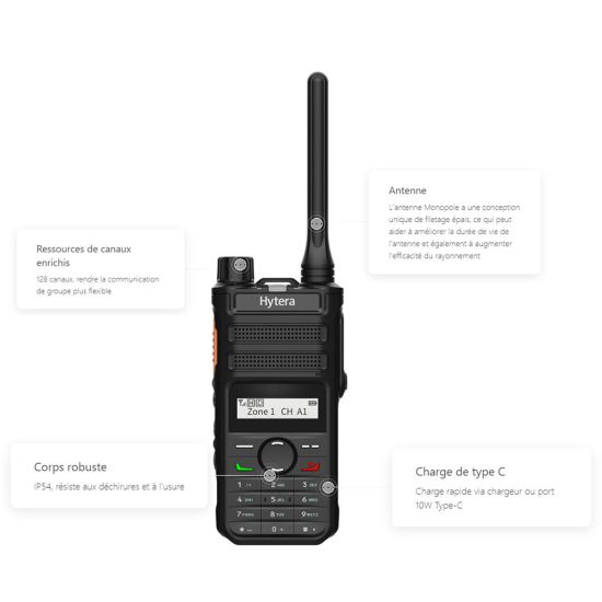 Hytera AP585 - Radio analogique écran LCD IP54 128 canaux Bluetooth USB-C