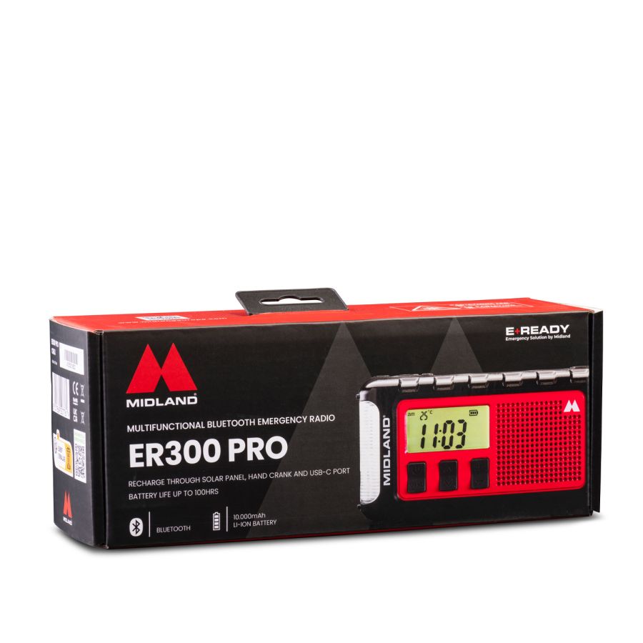 Midland ER300 PRO – Radio d'urgence Bluetooth 10 000 mAh solaire et dynamo – C1663