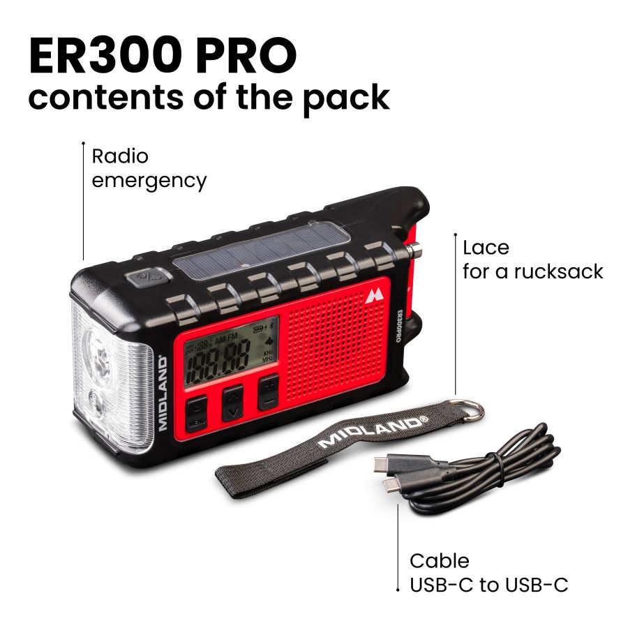 Midland ER300 PRO – Radio d'urgence Bluetooth 10 000 mAh solaire et dynamo – C1663