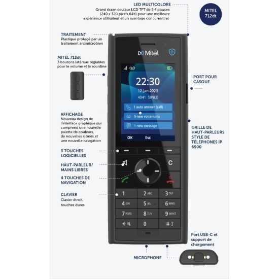 Mitel 712dt – Téléphone DECT professionnel avec base et alimentation